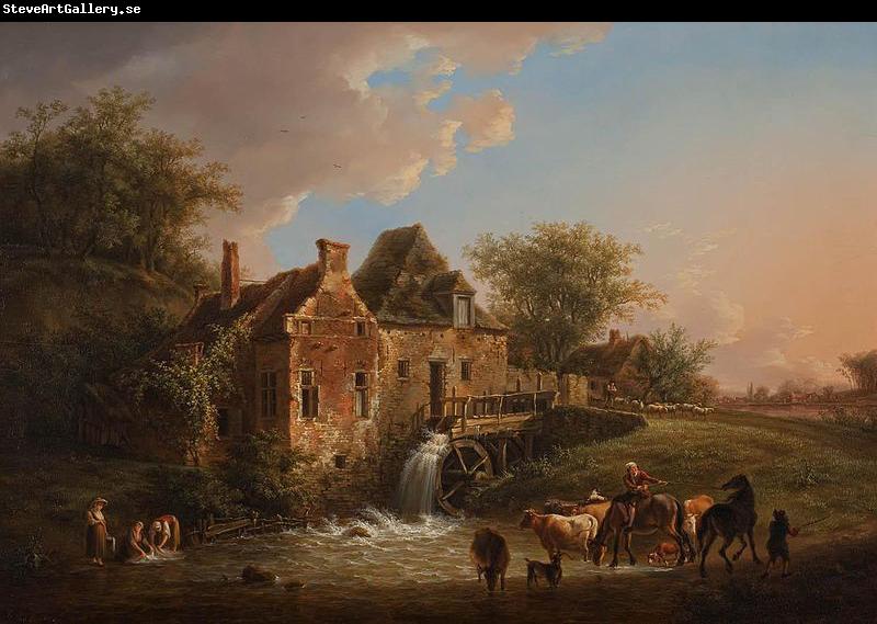 Henri van Assche Landscape with waterfall and farm